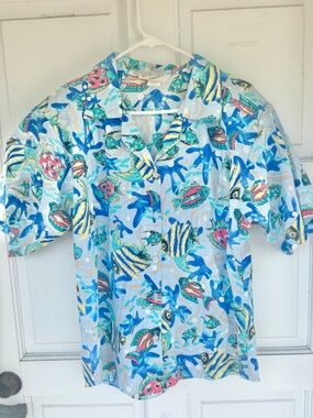 Vintage Sunworks Tropical Fish Shirt Womens M L Blue Beach Hawaiian USA 80s